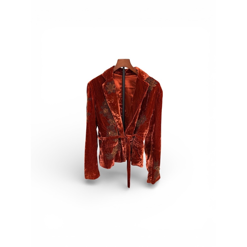 Joolay Silk Blend Velvet Embroidered Blazer ‎ Rust Floral Sequin Belted Jacket M
